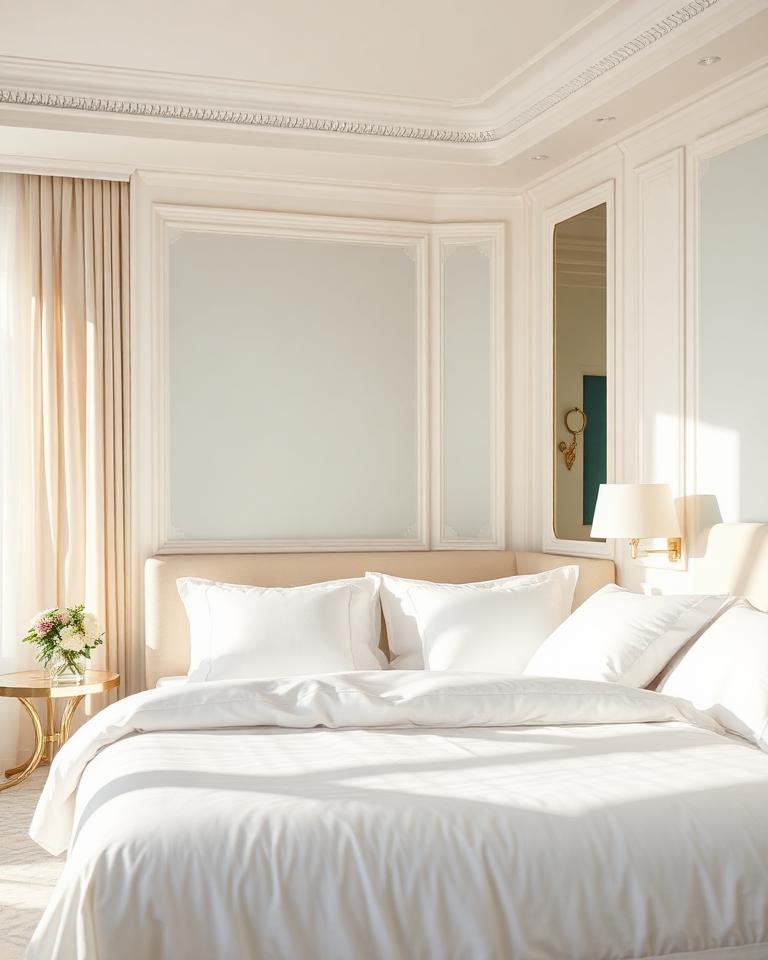 Hotel-style made bed with crisp white linens